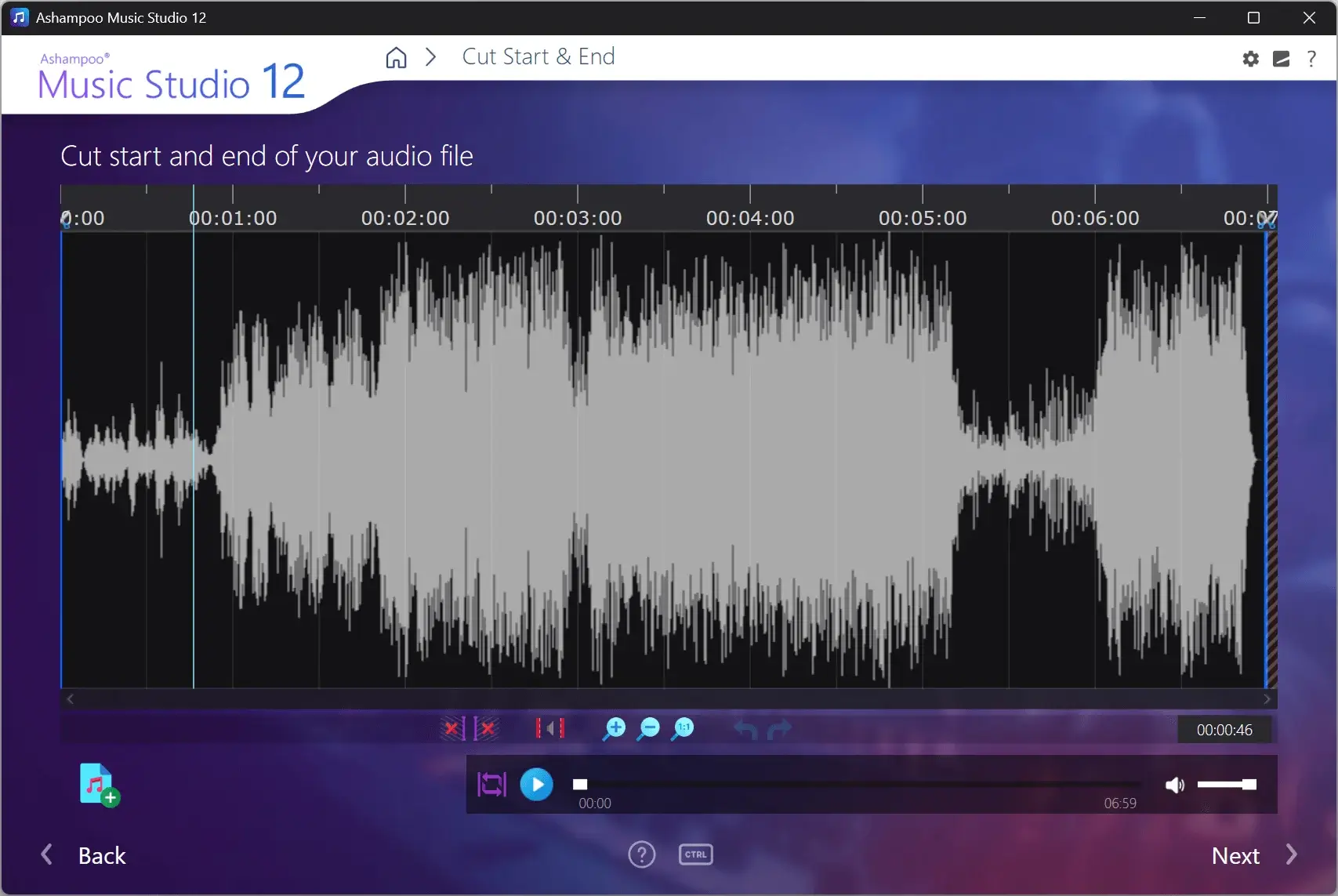Audio waveform editing interface in Ashampoo Music Studio