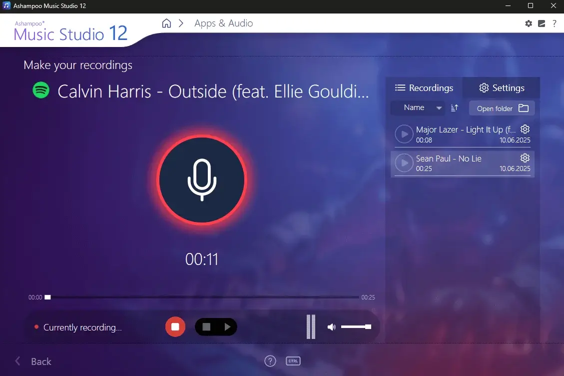 Audio recording interface for music production