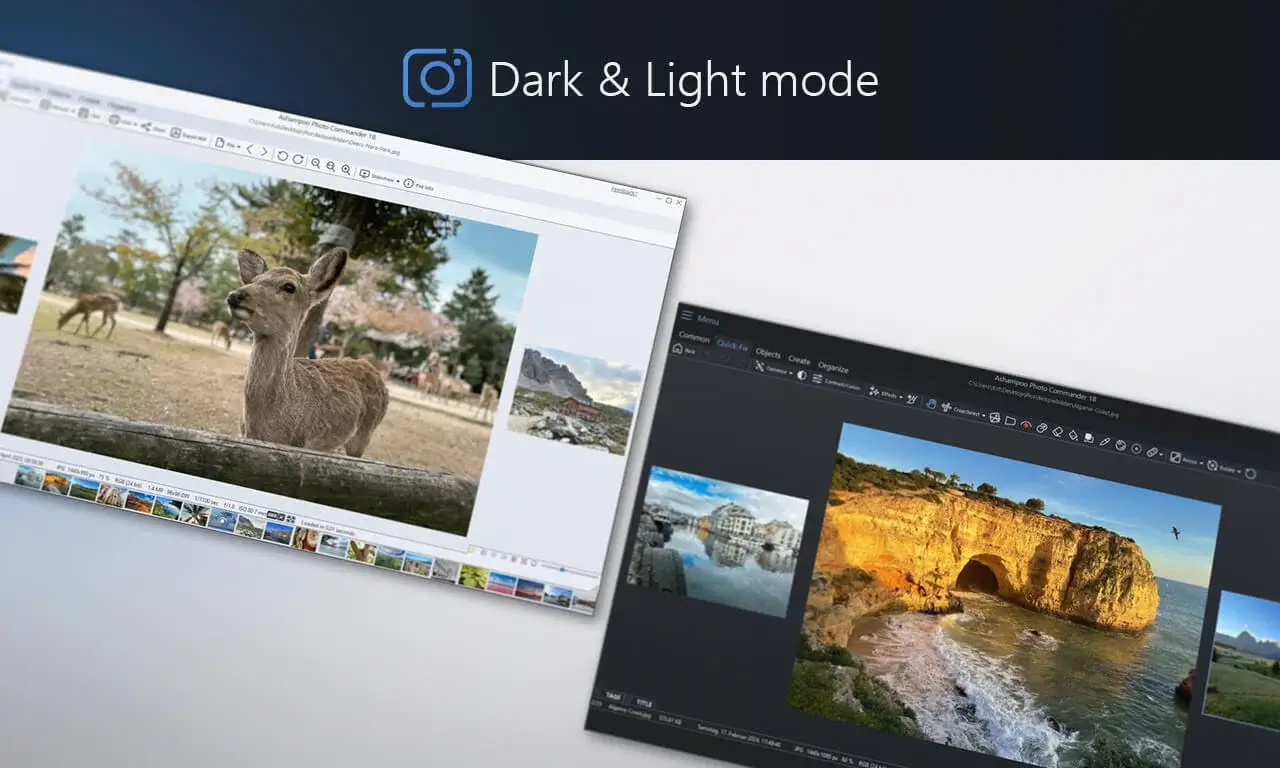 Photo editor with light and dark mode interface.