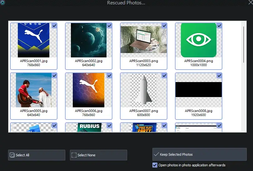 Grid of rescued photo thumbnails in application.