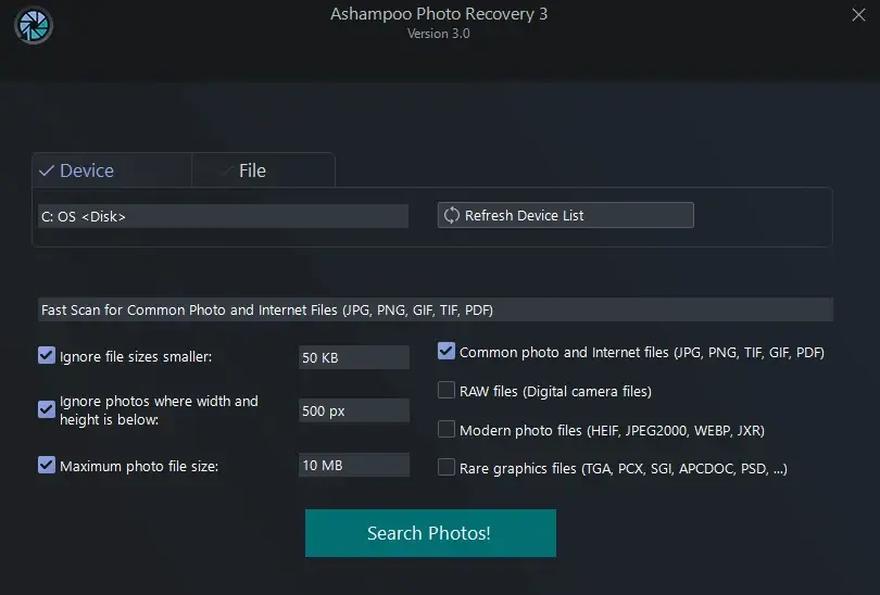 User interface for photo recovery settings