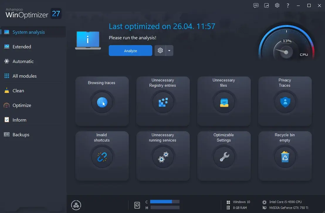 WinOptimizer 27 system analysis interface screenshot.