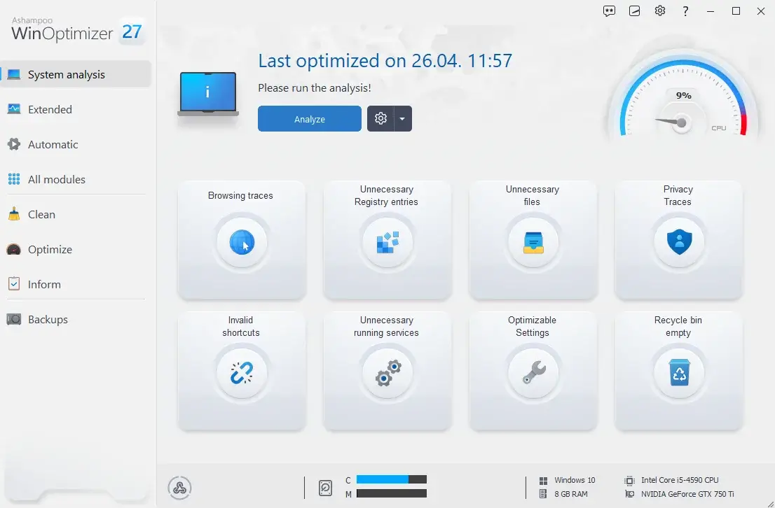 WinOptimizer 27 system analysis dashboard.