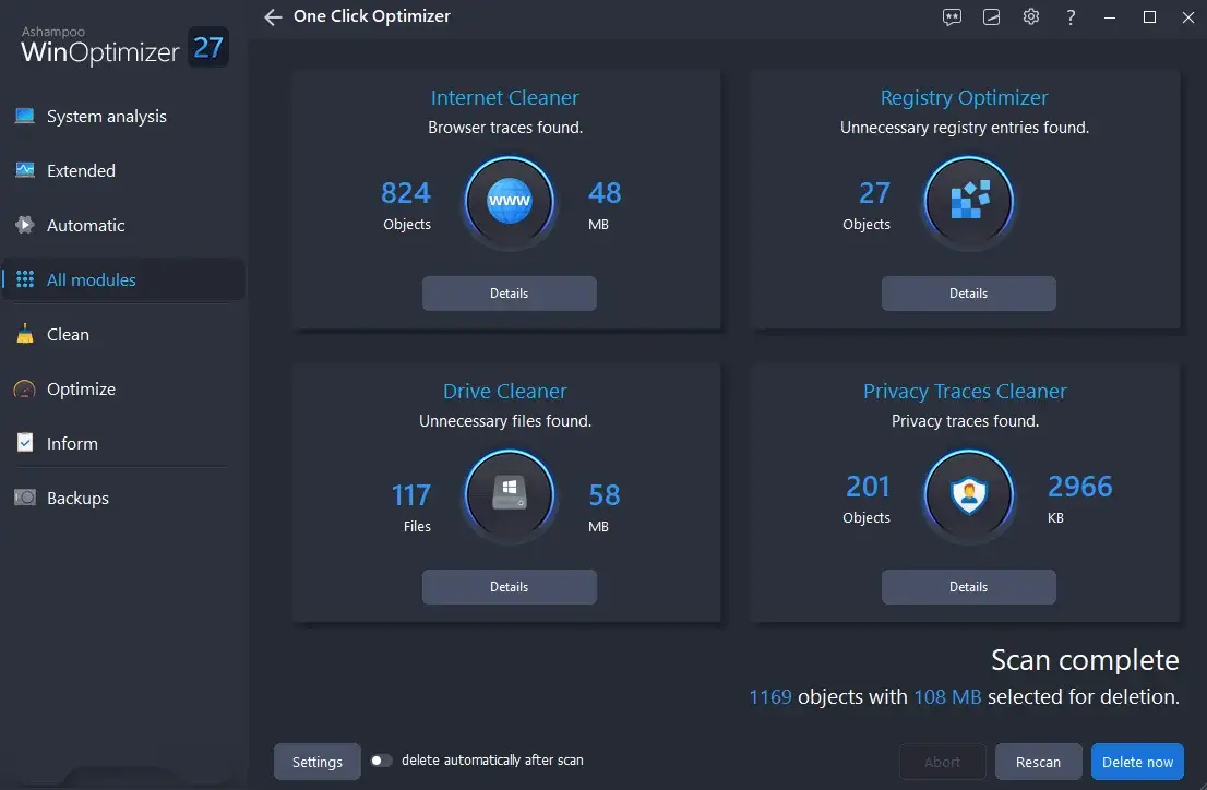 Ashampoo WinOptimizer 27 One Click Optimizer screen