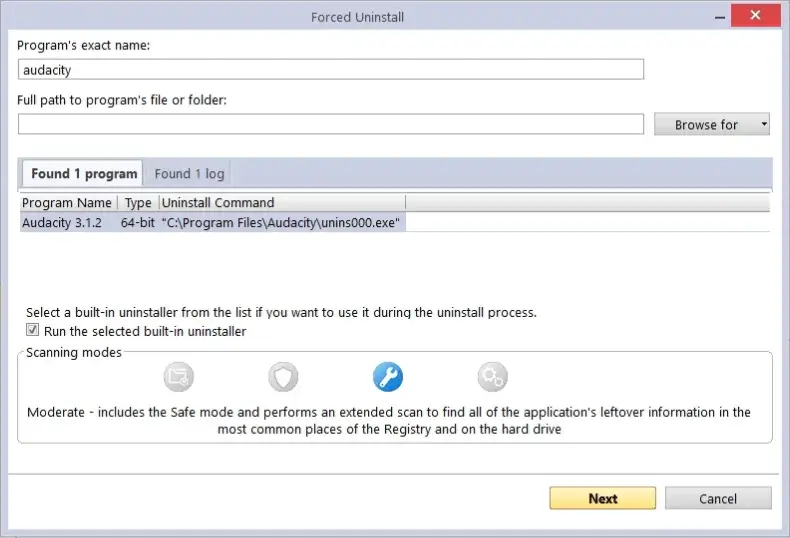 Forced uninstall interface for Audacity software