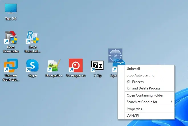 Computer desktop with application icons and context menu.