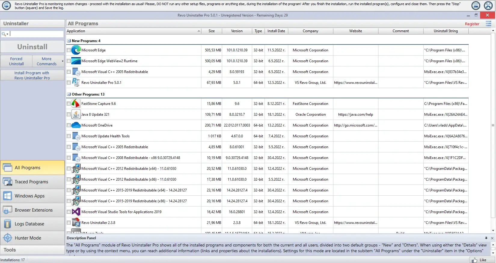 List of installed programs with details and options.