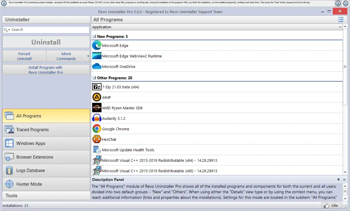 Revo Uninstaller Pro interface showing installed programs.