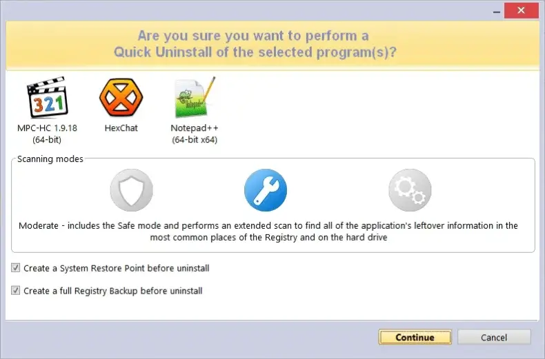 Quick uninstall confirmation for selected programs