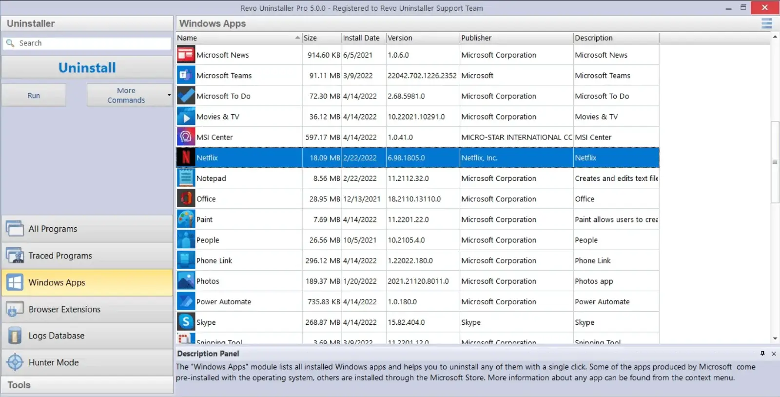 List of installed Windows applications for uninstallation.