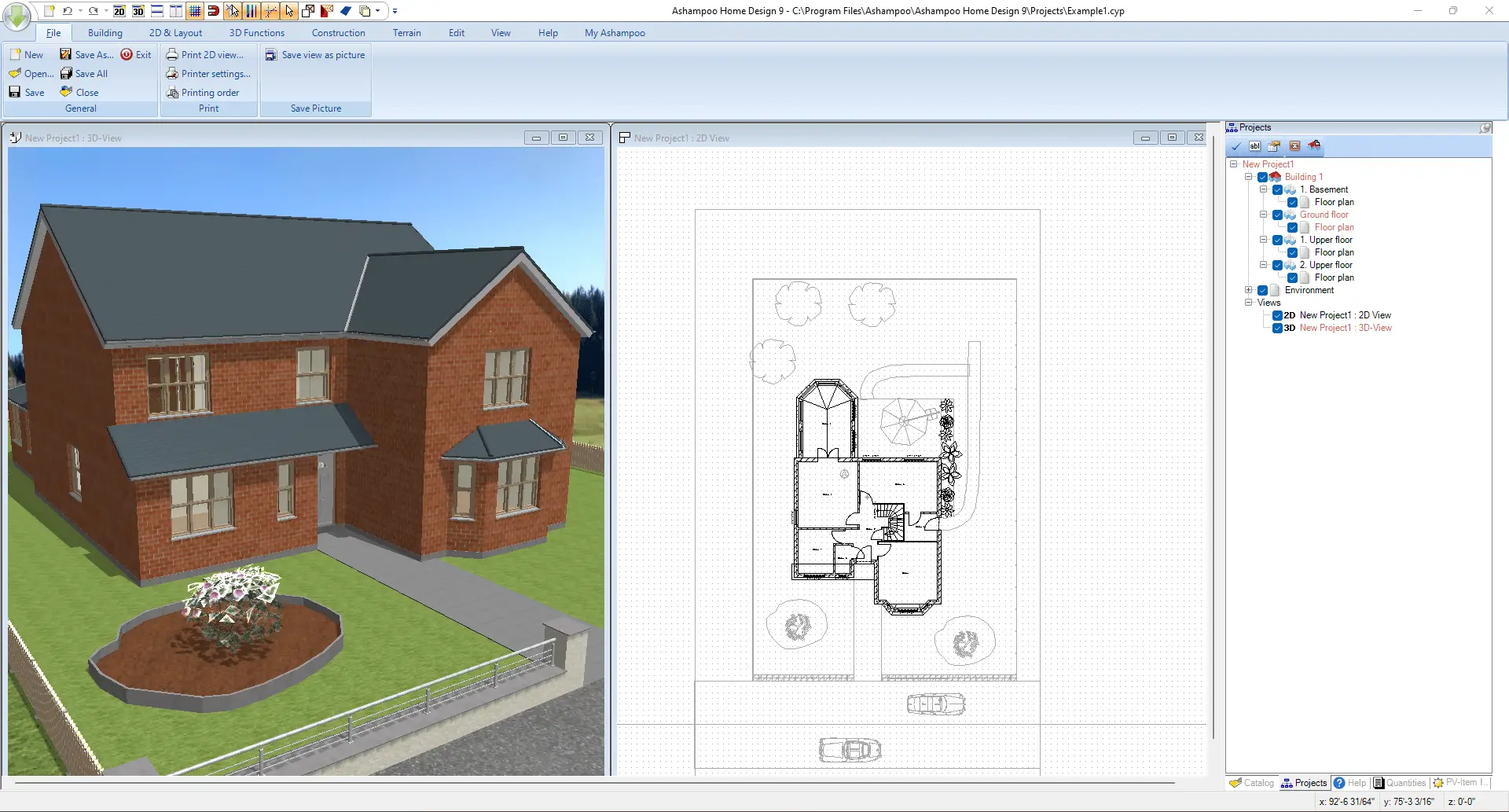 Home design software showing 3D house and 2D floor plan.