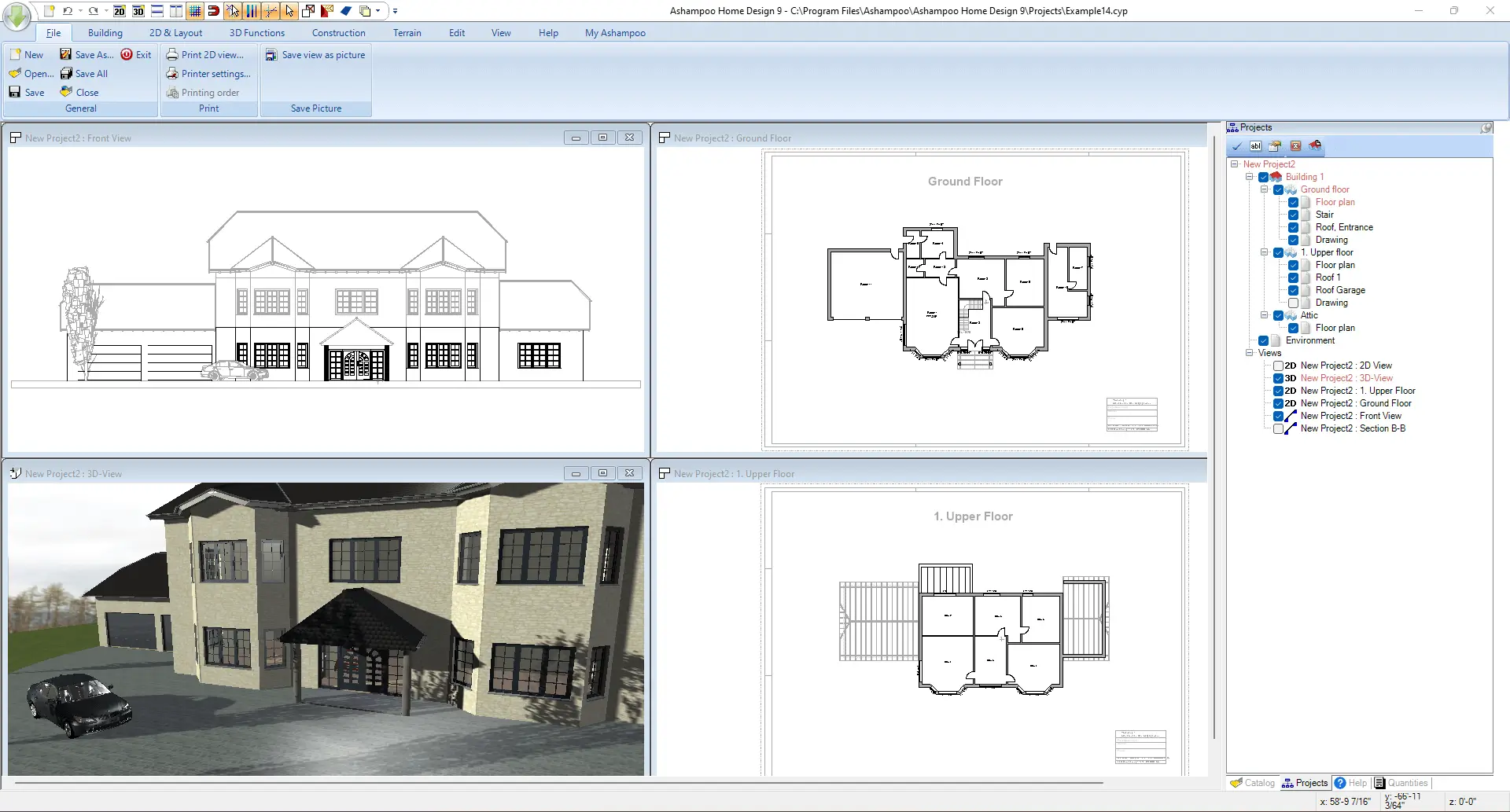 Home design software with floor plans and 3D rendering.