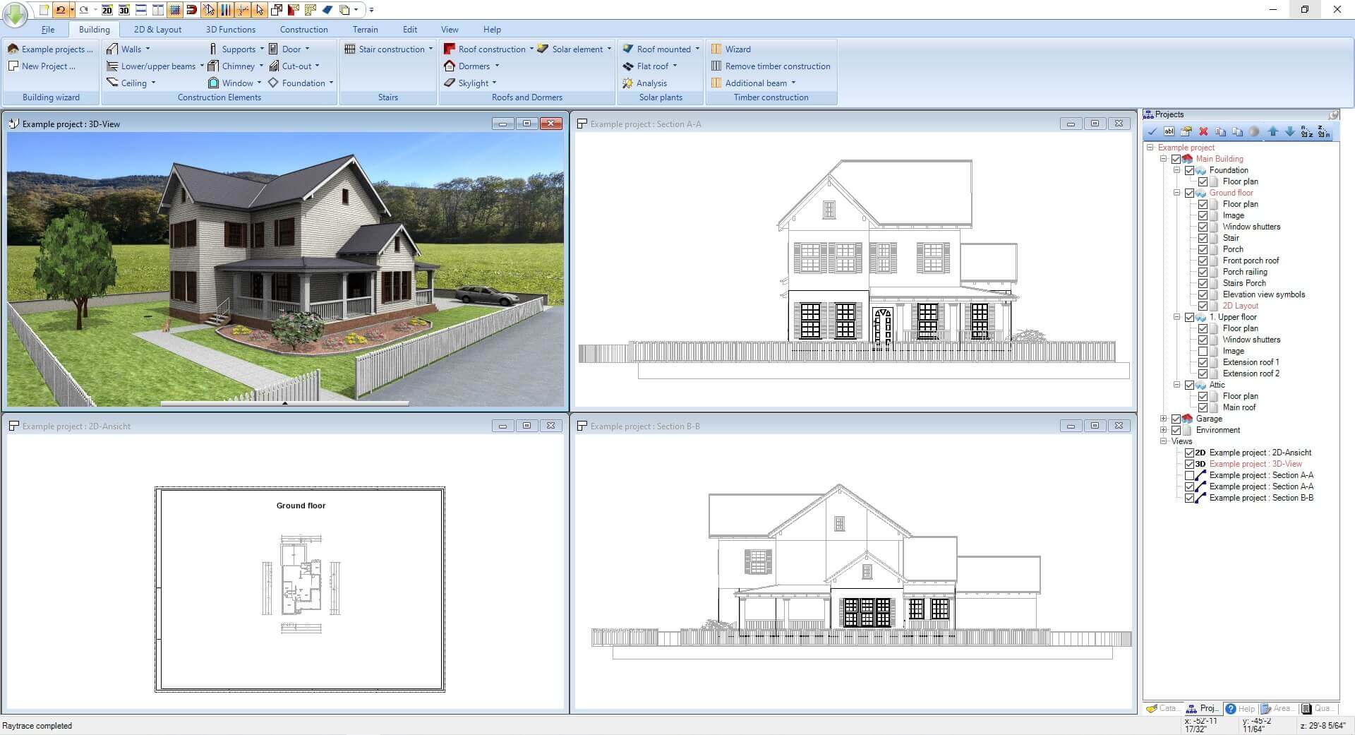 3D house model and blueprints on architecture software screen.