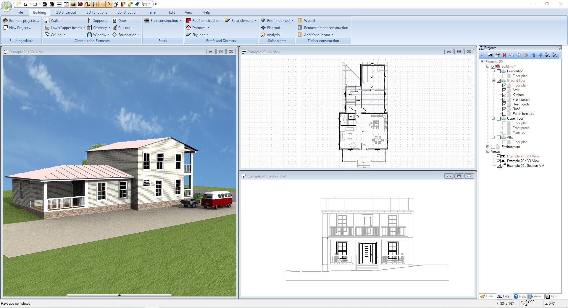 Architectural software displaying 3D house model and plans.