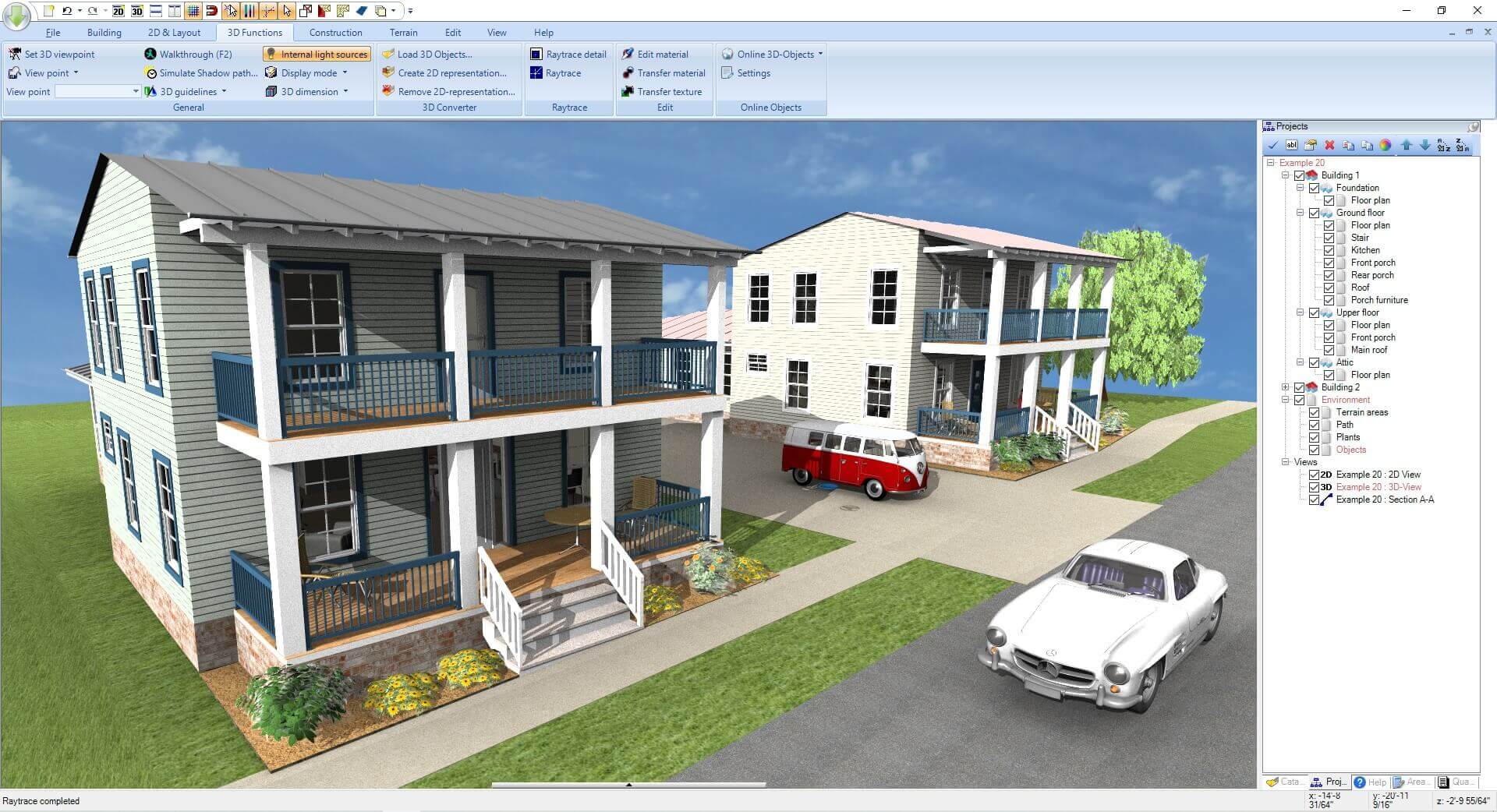 3D architectural rendering of residential buildings with vehicles.