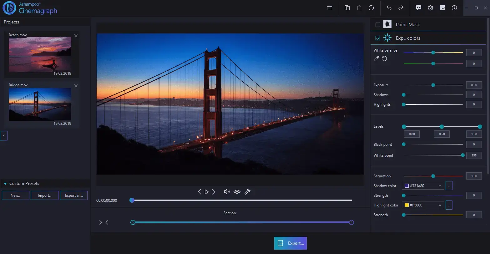 Golden Gate Bridge at sunset with editing interface.