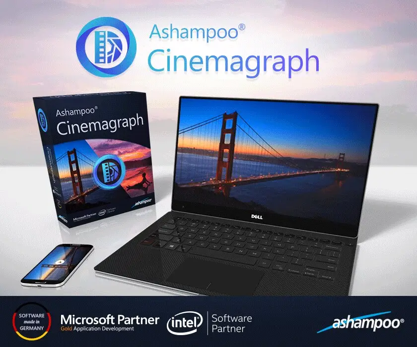 Ashampoo Cinemagraph software featuring a laptop and packaging
