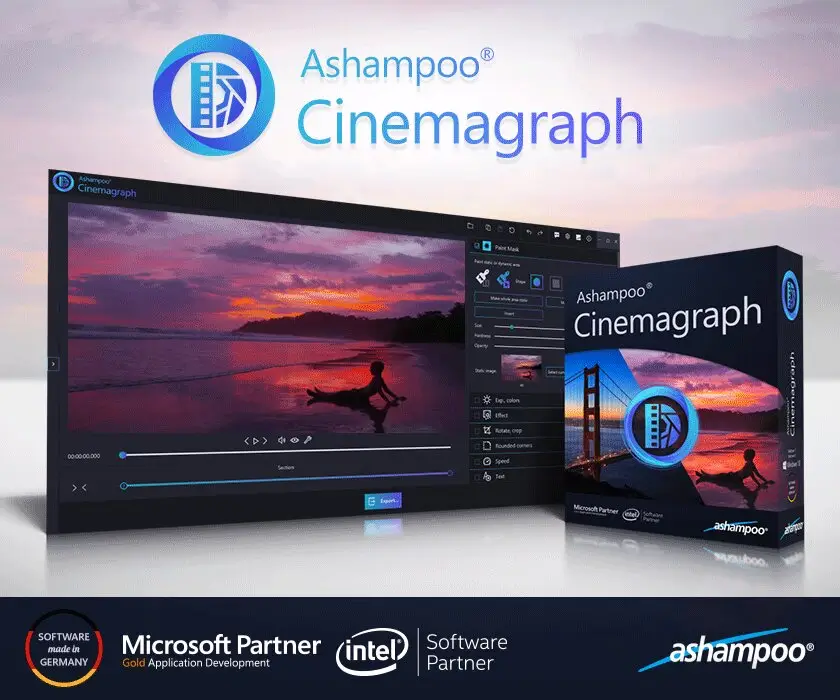 Ashampoo Cinemagraph software showcasing video editing features.