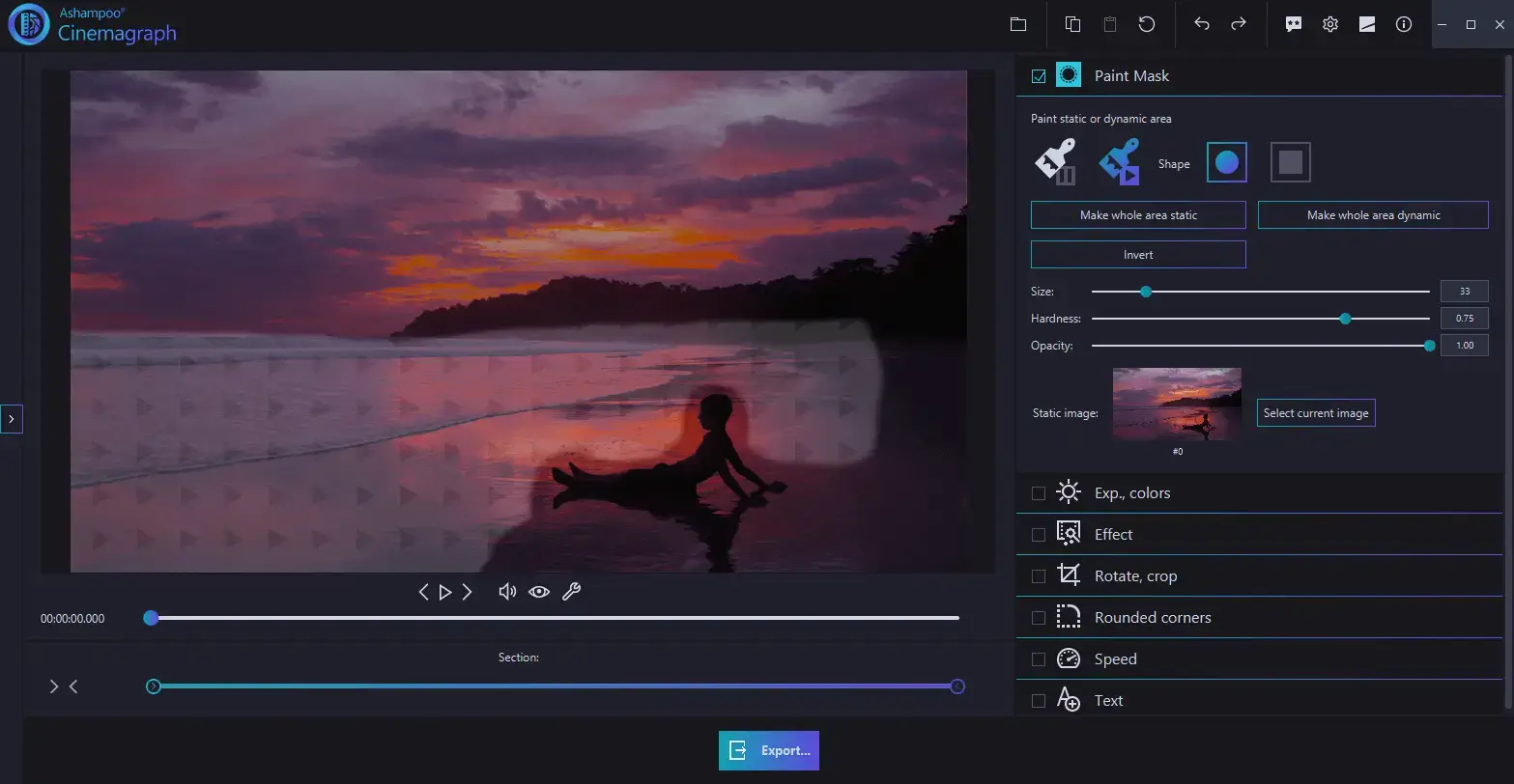 Cinemagraph editing software interface at sunset.