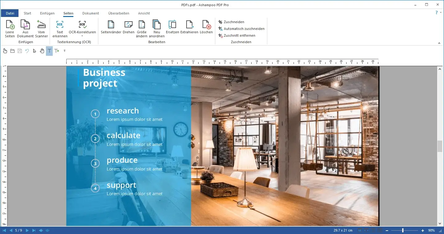 Modern office interior with business project outline.