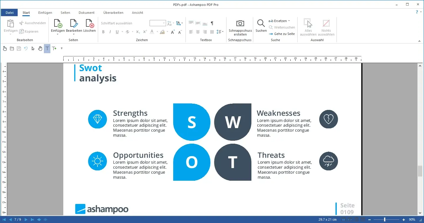 SWOT analysis diagram with icons and text.