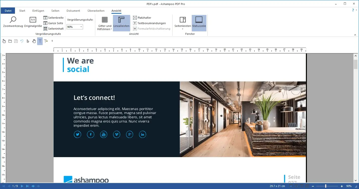 Office interior with social media icons.