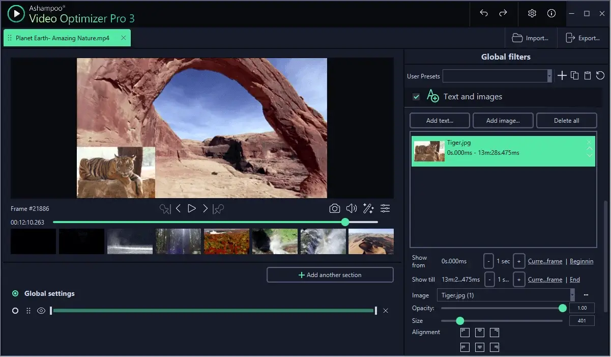 Video editing software interface with nature images.