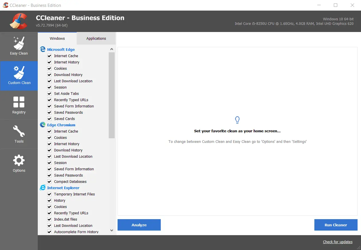 CCleaner Business Edition custom clean interface.