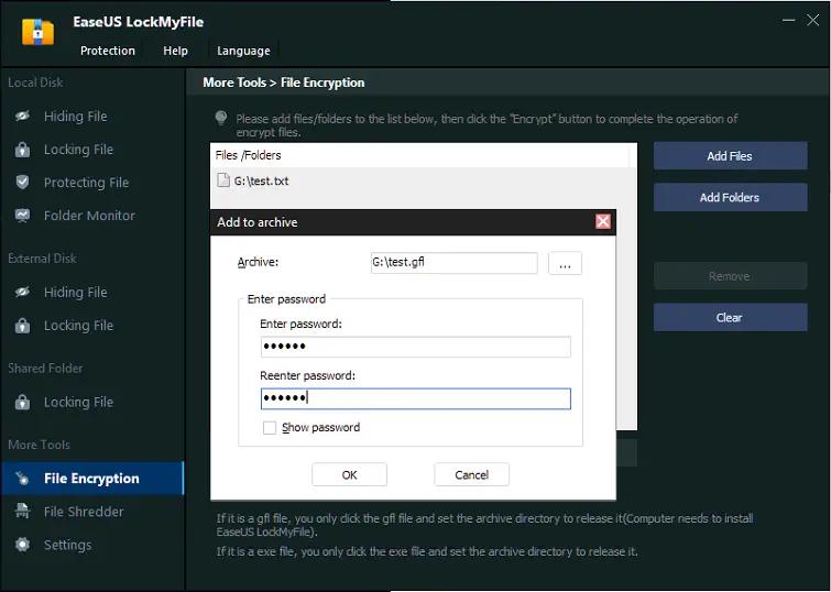EaseUS LockMyFile encryption password screen.