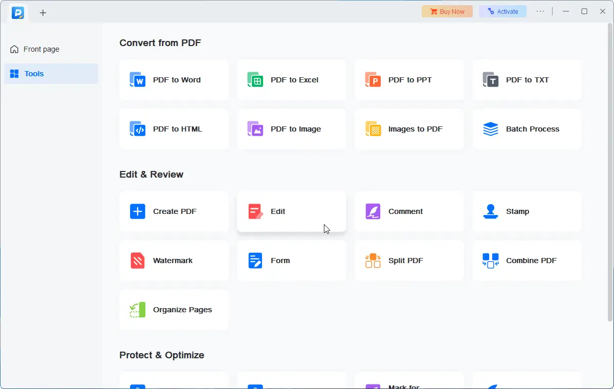PDF tools menu with conversion and editing options.