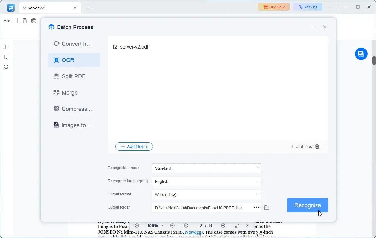 OCR batch process tool interface screenshot.