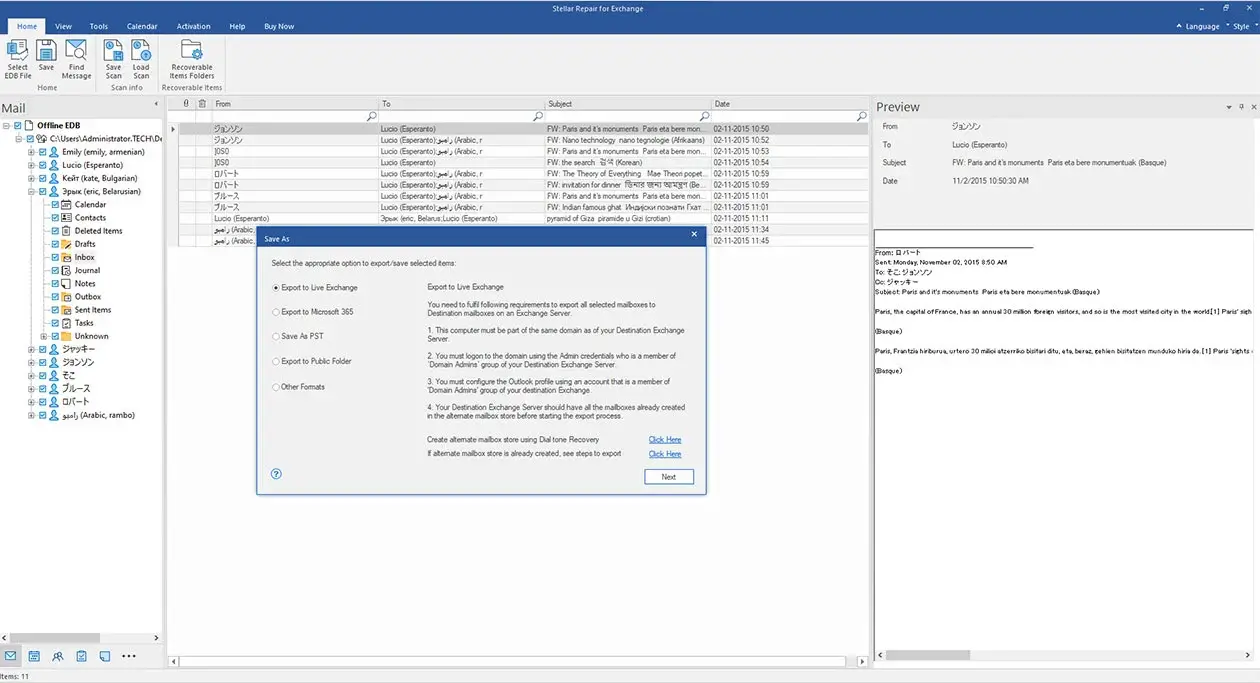Email recovery tool interface with export options.