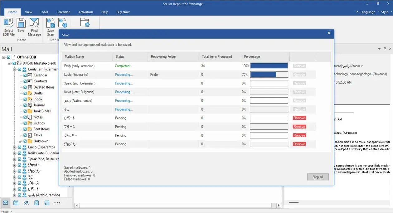 Stellar Repair for Exchange mailbox recovery progress