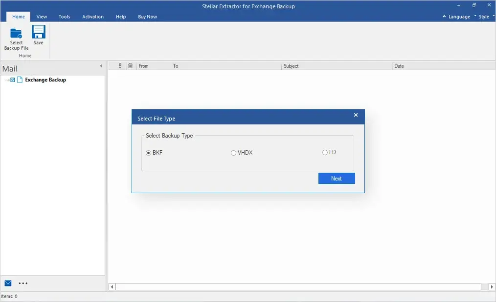 Stellar Extractor for Exchange Backup file type selection