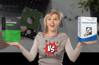 Woman comparing AOMEI Backupper and EaseUS Partition Master software.