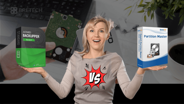 Woman comparing AOMEI Backupper and EaseUS Partition Master software.