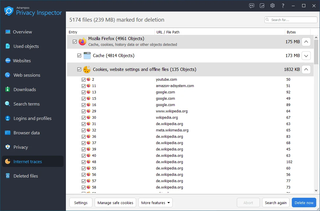 Ashampoo Privacy Inspector showing deletable files.