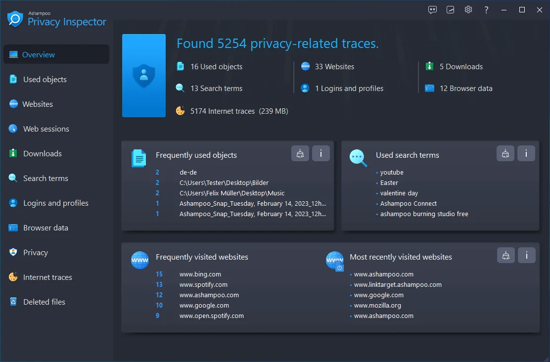 Ashampoo Privacy Inspector dashboard with statistics and findings.