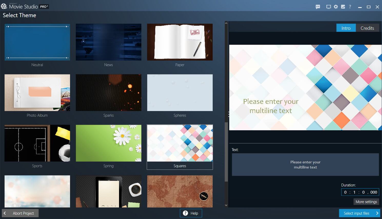 Video editing software interface with theme options.