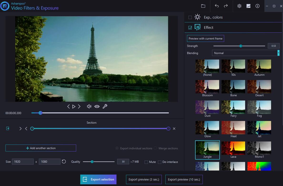 Video editing software with Eiffel Tower filters preview.