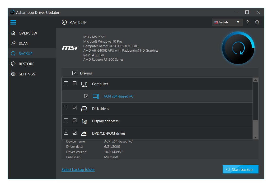 Screenshot of Ashampoo Driver Updater software.