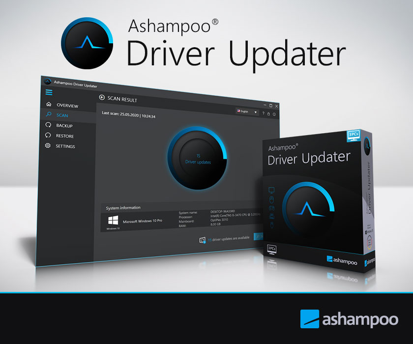 Ashampoo Driver Updater software interface and package.