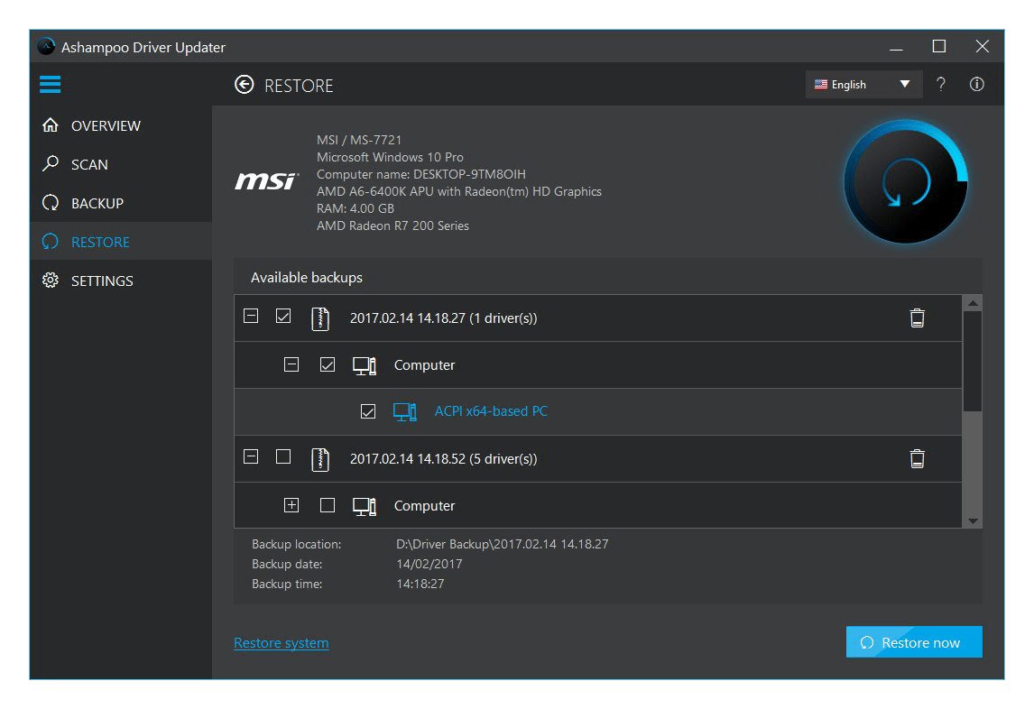 Screenshot of a driver updater software restore page.