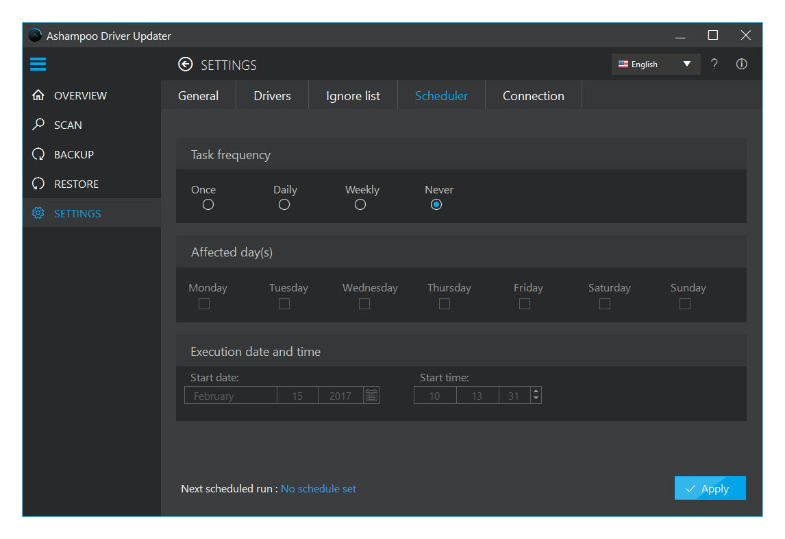 Driver updater software settings and scheduler interface.