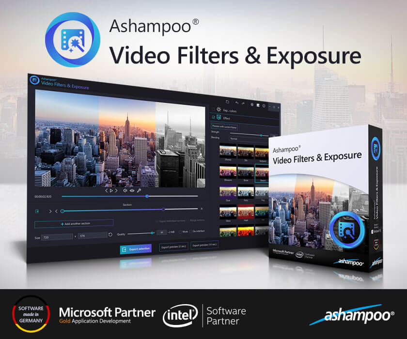 Ashampoo video editing software interface and packaging.