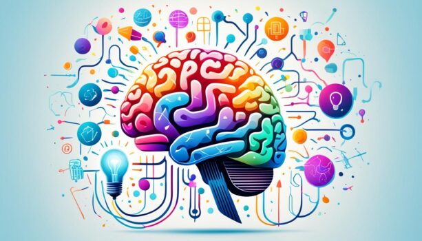Colorful brain illustration with creative and science icons.