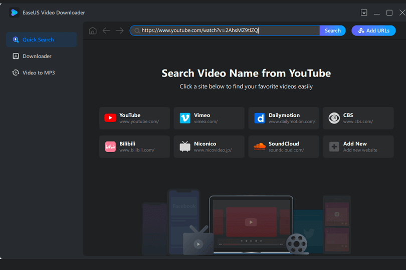Video downloader interface displaying YouTube and other platforms.