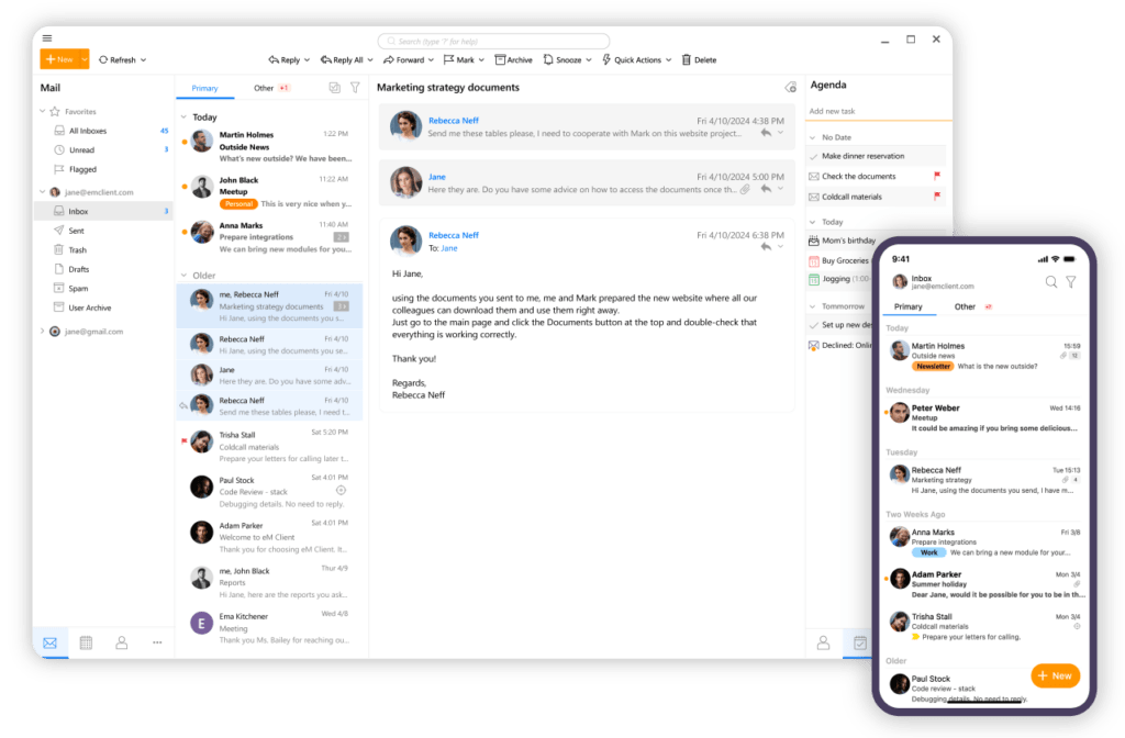 Email client interface on desktop and mobile screens.