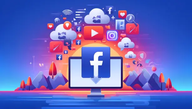 Colorful digital landscape featuring Facebook and various social icons.