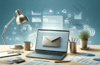 Laptop with email icon on workspace desk.